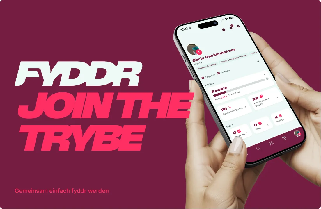 fyddr Key Visual: Smartphone mit Athleten-Profil, daneben FYDDR JOIN THE TRYBE auf Purple